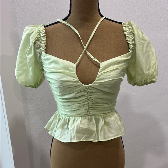 Wayf Green Puff Sleeve Peplum Blouse - Picture 1 of 3